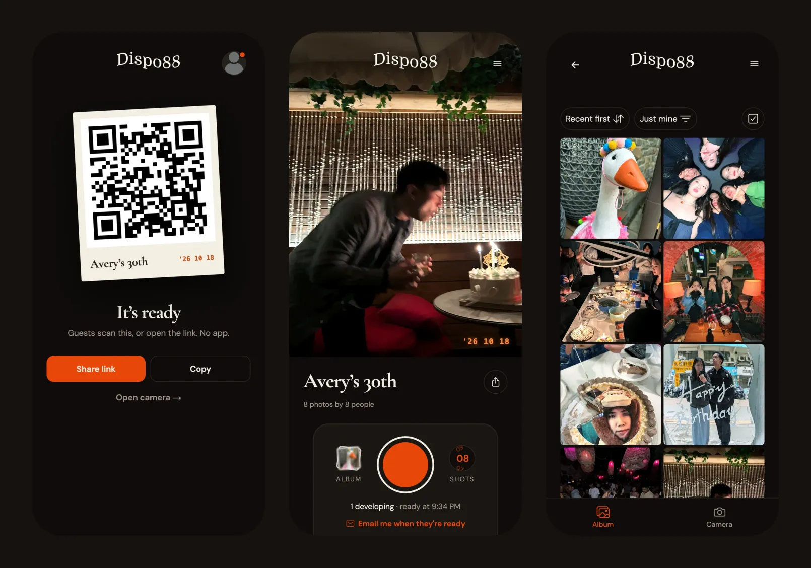 Three Dispo88 screens: a camera's QR code ready to share, a guest taking a photo, and the shared album filling up