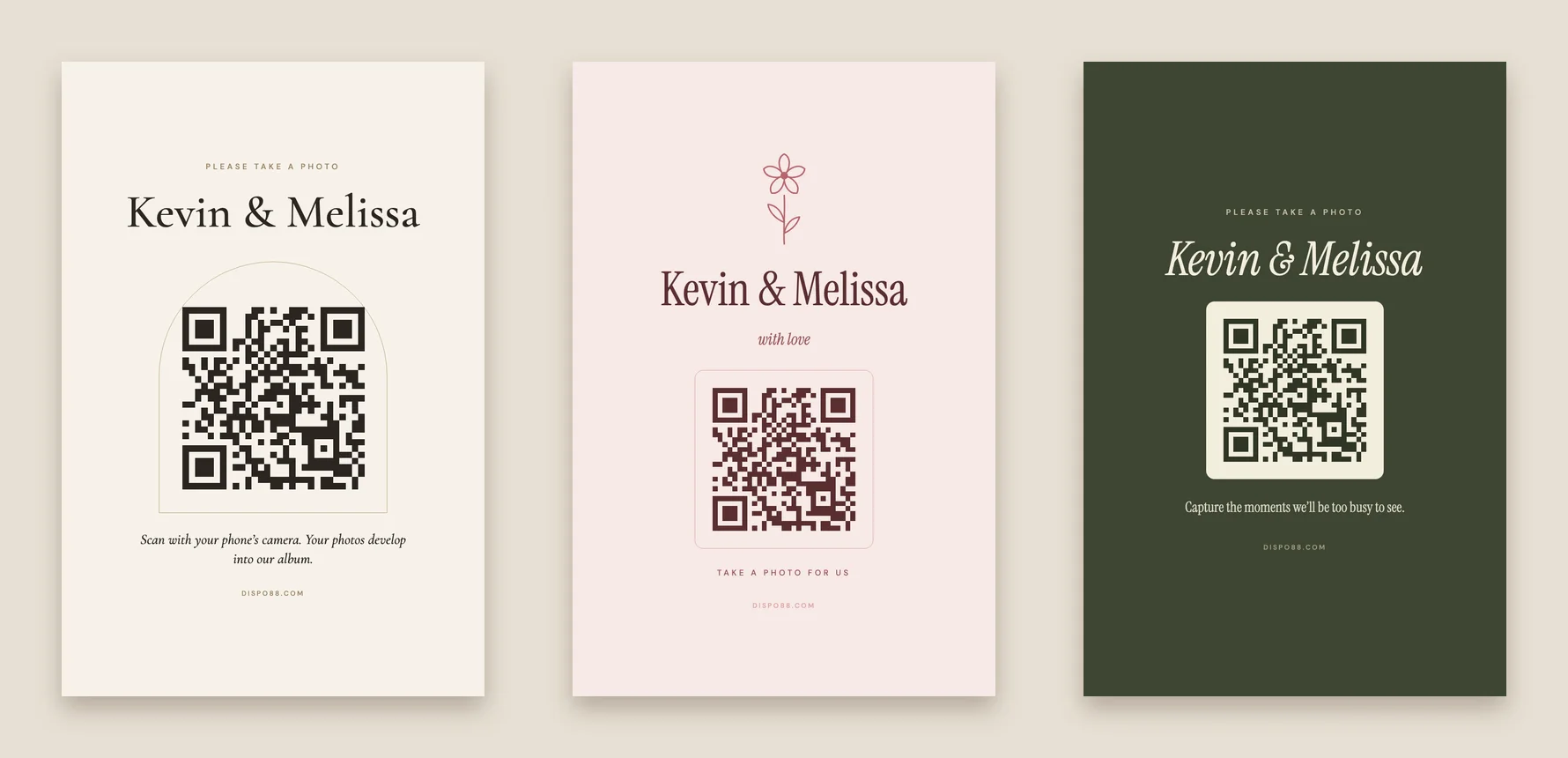 Three Dispo88 QR poster designs for a wedding: Vows, Bloom and Olive